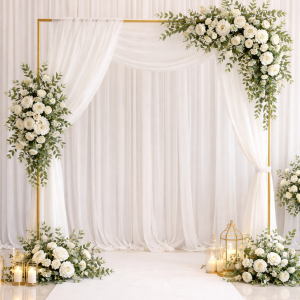 Gold square wedding arch styled with white draping and greenery for an elegant ceremony backdrop